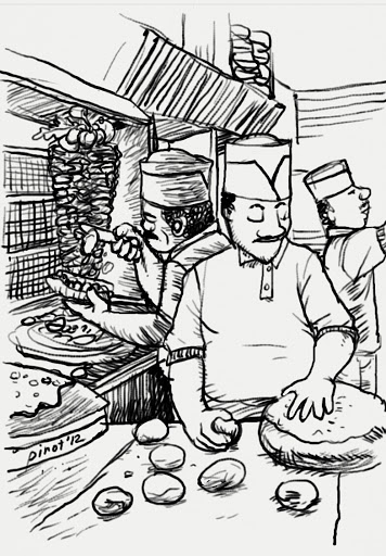 A shawarma restaurant. They put fruits on the top of the meat. One of the guy slices the laham (meat) & other creates saj (similar to kobus bread) from doughs.