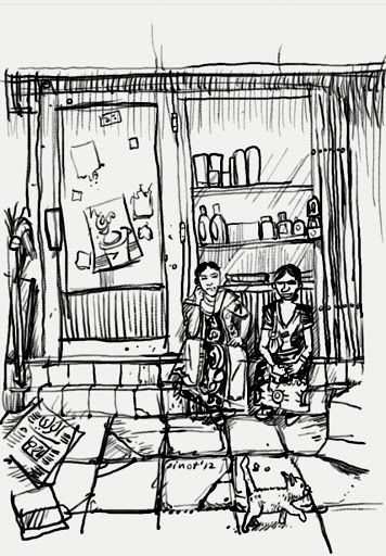 wo Indian ladies waiting in front of bakala. India is the second largest population in Kuwait after Egypt